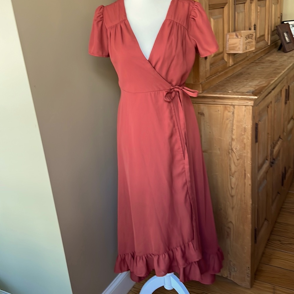 Miami lined tea length dress. Muted brick color.